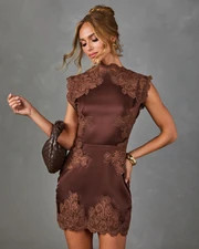 Tender Hours Satin Lace Mock Neck Mini Dress | VICI