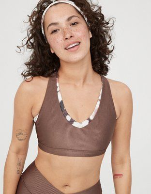 OFFLINE Ribbed Shine Strappy Back Sports Bra | American Eagle Outfitters (US & CA)