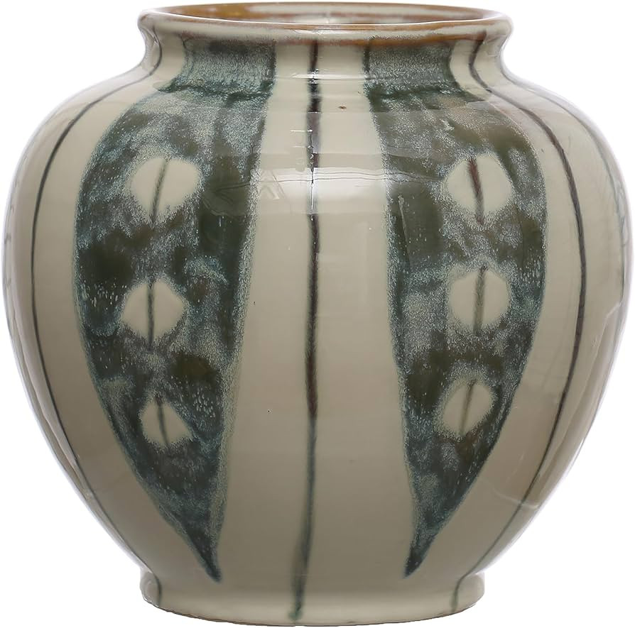 Bloomingville 9 Inches Round Hand-Painted Stoneware Vase with Stripes and Reactive Glaze, Cream a... | Amazon (US)