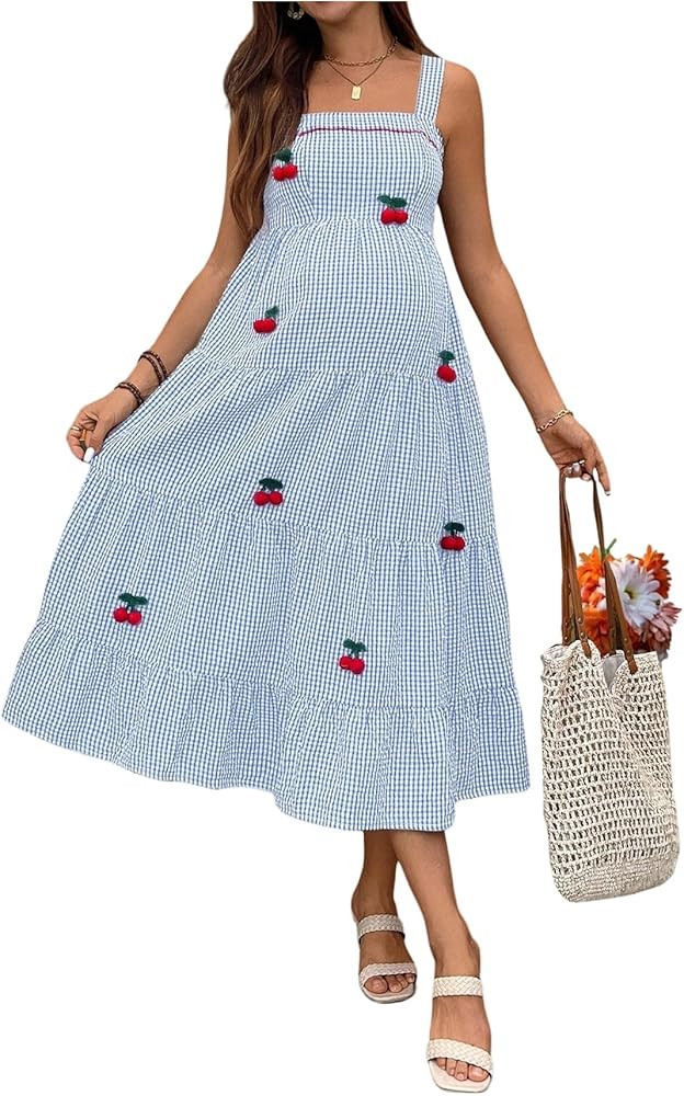 OYOANGLE Women's Maternity Gingham Dress Cherry Decor Sleeveless Tiered Ruffle A Line Midi Dresse... | Amazon (US)