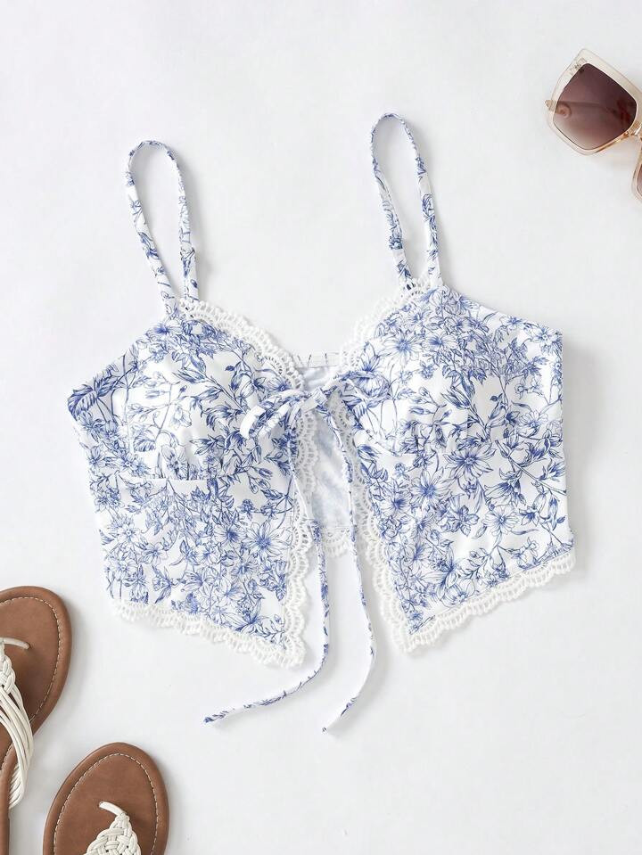 SHEIN WYWH Floral Print Lace Trim Tie Front Cami Top | SHEIN