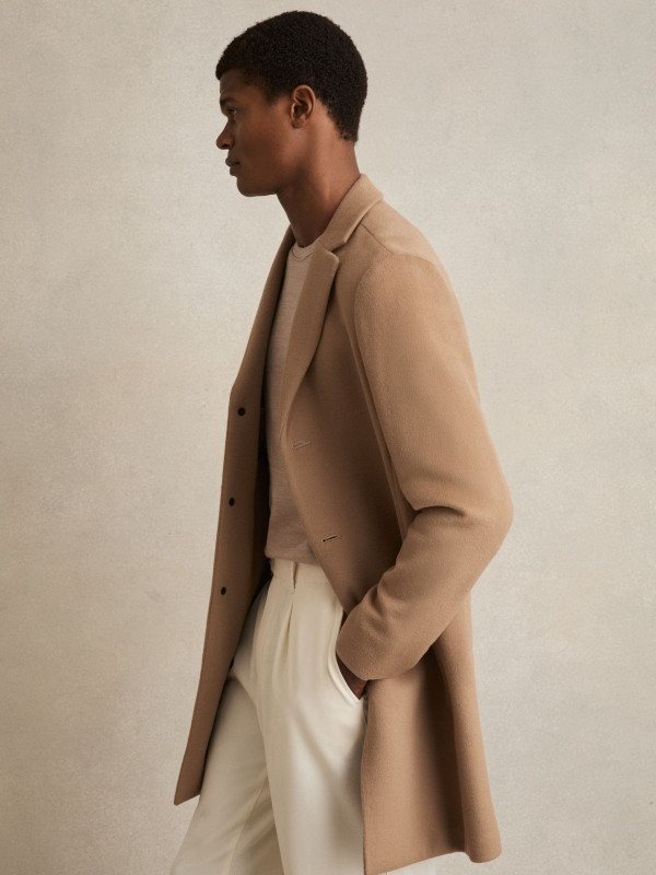 Wool Blend Single Breasted Epsom Overcoat in Camel | Reiss UK