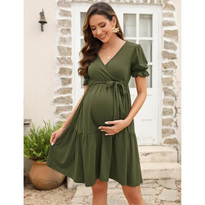Women's Maternity Dress Puff Short Sleeves V Neck Dresses Casual High Waist A Line Solid Color Midi Dress with Belt Army Green X-Large | Target