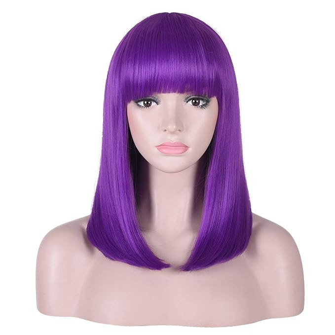 15 Inch Short Straight Purple Bob Wig with Bangs | Natural Heat Resistant Synthetic Hair for Wome... | Amazon (US)