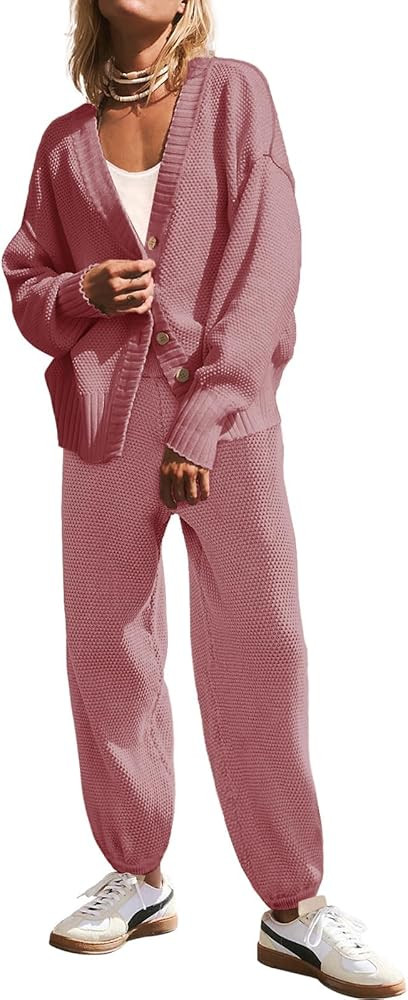 SAUKOLE Womens Two Piece Outfits Knit Sweater Sets Oversized Button Down Cardigan and Long Pants ... | Amazon (US)