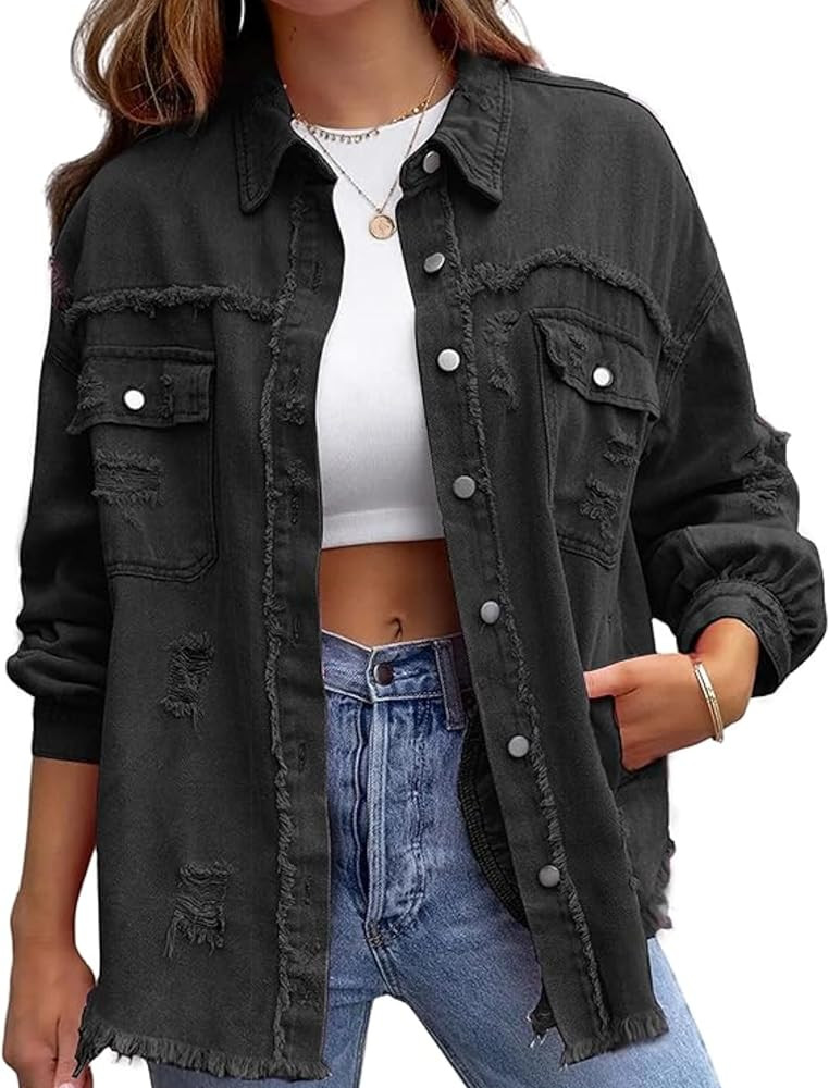 Omoone Women's Ripped Distressed Denim Jacket Casual Long Sleeve Boyfriend Jean Coat Basic Trucke... | Amazon (US)