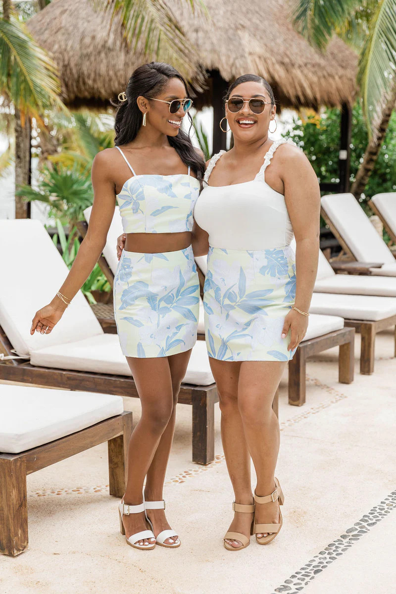 Boardwalk Sunset Lime/Blue Embroidered Floral Mini Skirt FINAL SALE | Pink Lily