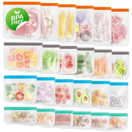 Reusable Freezer Bags, Extra-thick Leakproof Gallon Vegetable Snack Sandwich Bags, BPA Free Silicone Bags for Food Storage,Travel, Home Organization(24 Pack - 6 Extra Large,6 Large,6 Medium,6 Small) | Amazon (US)