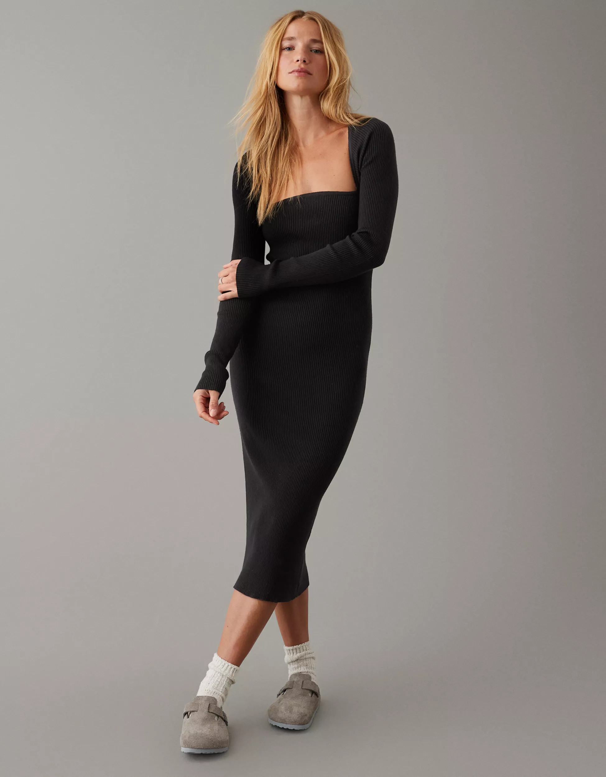AE Long-Sleeve Square Neck Sweater Dress | American Eagle Outfitters (US & CA)