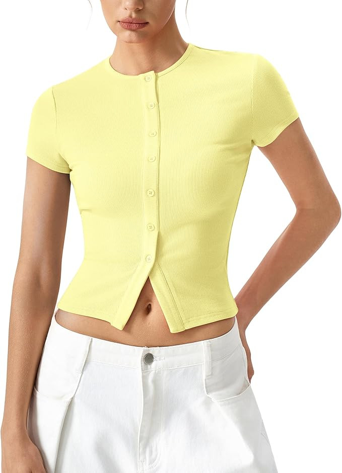 QINSEN Women's Crewneck Short Sleeve T Shirts Ribbed Button Going Out Trendy Tops | Amazon (US)