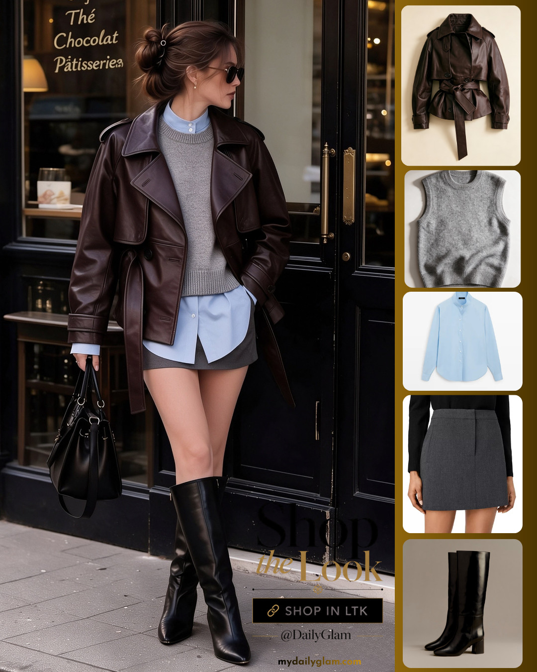 Fall French Chic Outfit | Brown Leather Trench + Grey Knit Vest Layered with Light Blue Stand Collar Shirt

#FallOutfit #FrenchStyle #LeatherTrenchCoat #LayeredOutfit #KnitVest #MinimalStyle #ChicStreetStyle #AutumnFashion #OOTD #WomensFallStyle #BrownLeatherJacket #ElegantOutfit 

 #LTKootd #LTKOver40 #LTKWorkwear