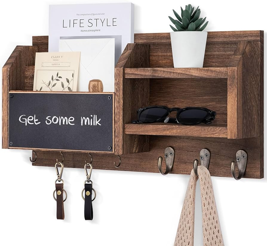 Lwenki Mail and Key Holder \u2013 Wall Mount Key Hanger with Shelf and 7 Metal Hooks \u2013 Decor... | Amazon (US)