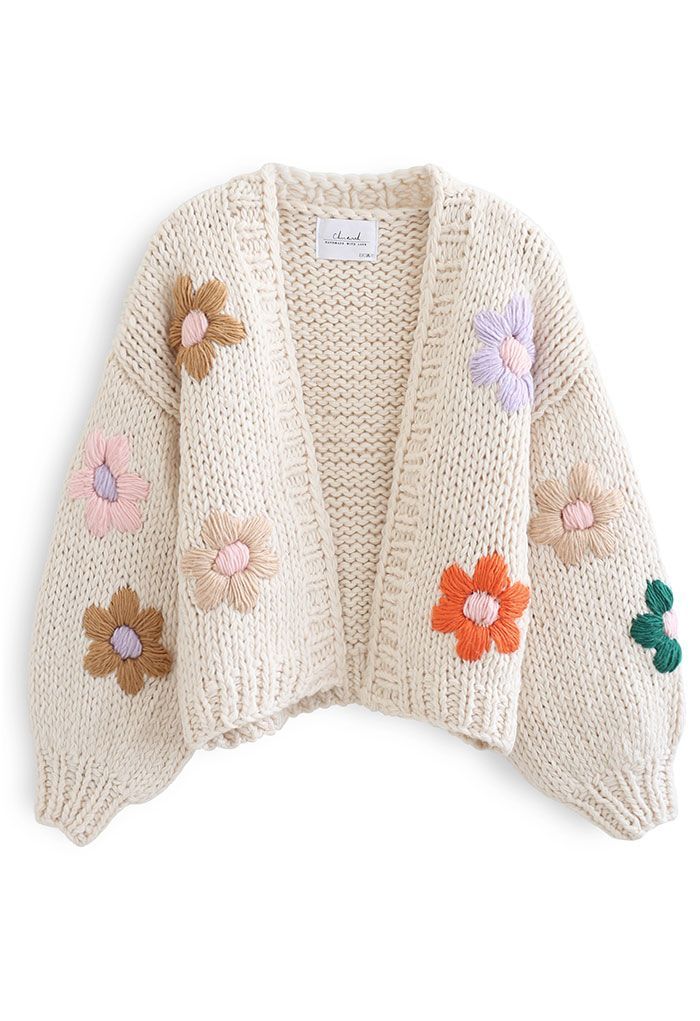 Stitch Flowers Hand-Knit Chunky Cardigan in Cream | Chicwish