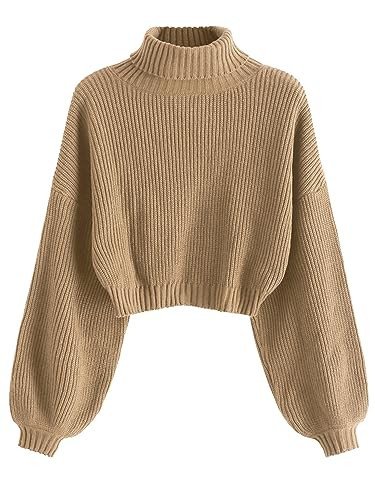 ZAFUL Women's Cropped Turtleneck Sweater Lantern Sleeve Ribbed Knit Pullover Sweater Jumper (2-Tan, S) | Amazon (US)