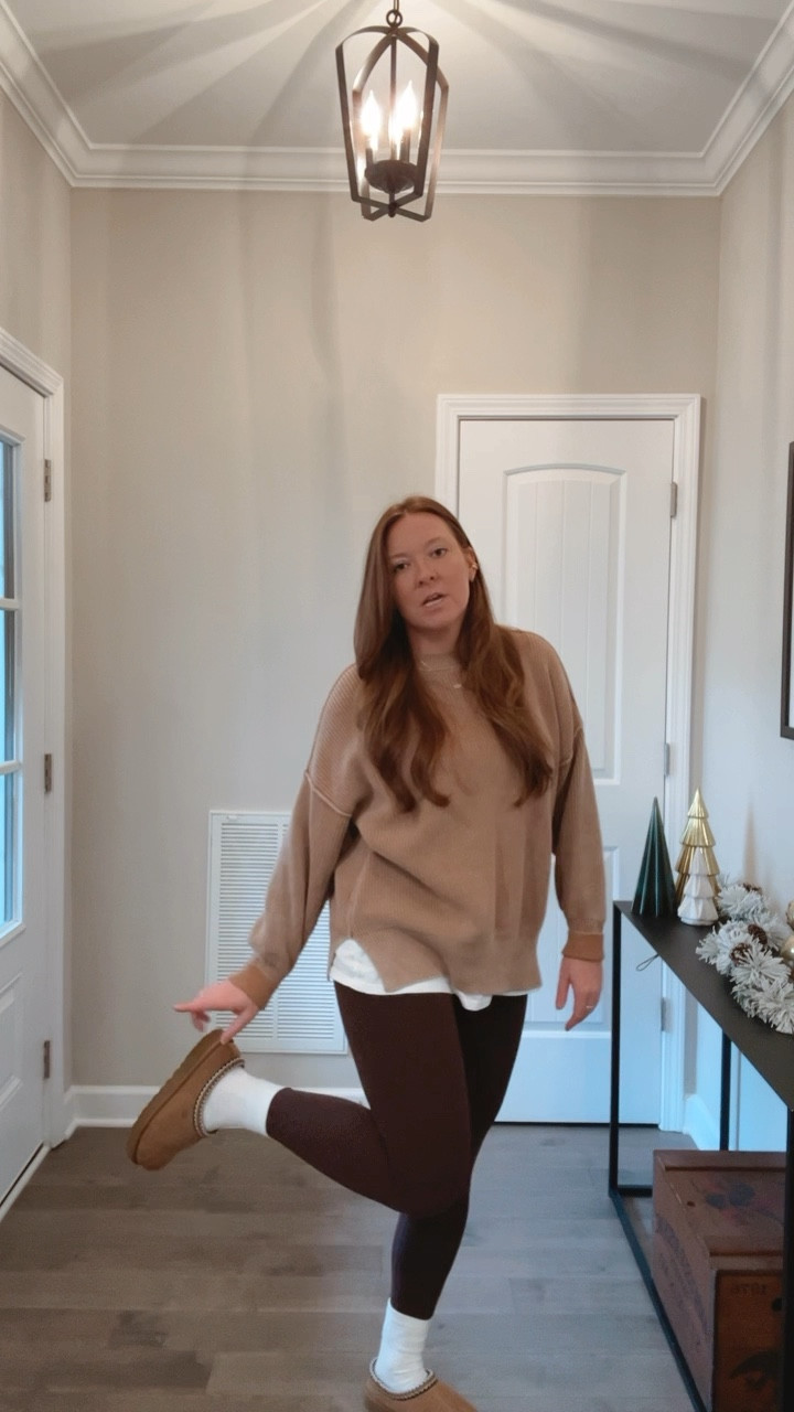 Wfh cozy outfit 
Oversized sweater / linked similar 
Boyfriend tee for layering - oversized 
Brown leggings / these are so soft! / tts wearing a medium 
Crew socks 
Ugg slippers 

#LTKWatchNow #LTKFindsUnder50 #LTKFitness