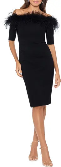 Feather Trim Off the Shoulder Scuba Sheath Dress | Nordstrom
