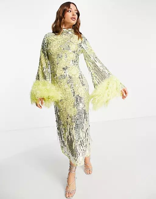 ASOS EDITION floral sequin and bead midi dress with faux feather cuff in lemon | ASOS (Global)