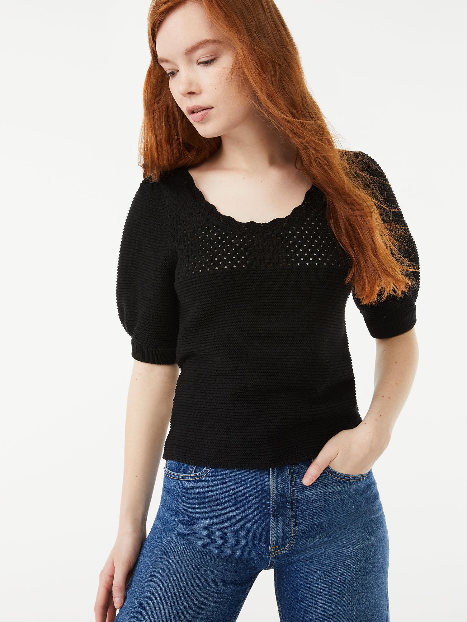 Free Assembly Women's Puff Sleeve Crochet Sweater - Walmart.com | Walmart (US)