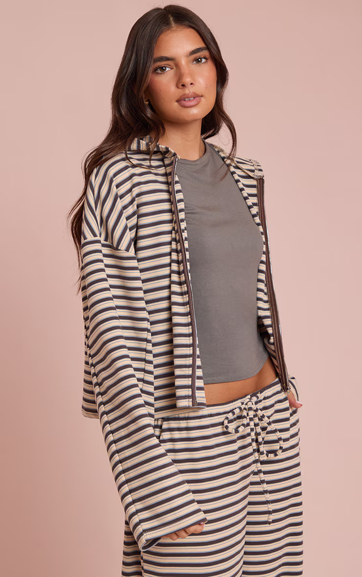 Brown Striped Soft Fleece Zip Up Hoodie | PrettyLittleThing UK
