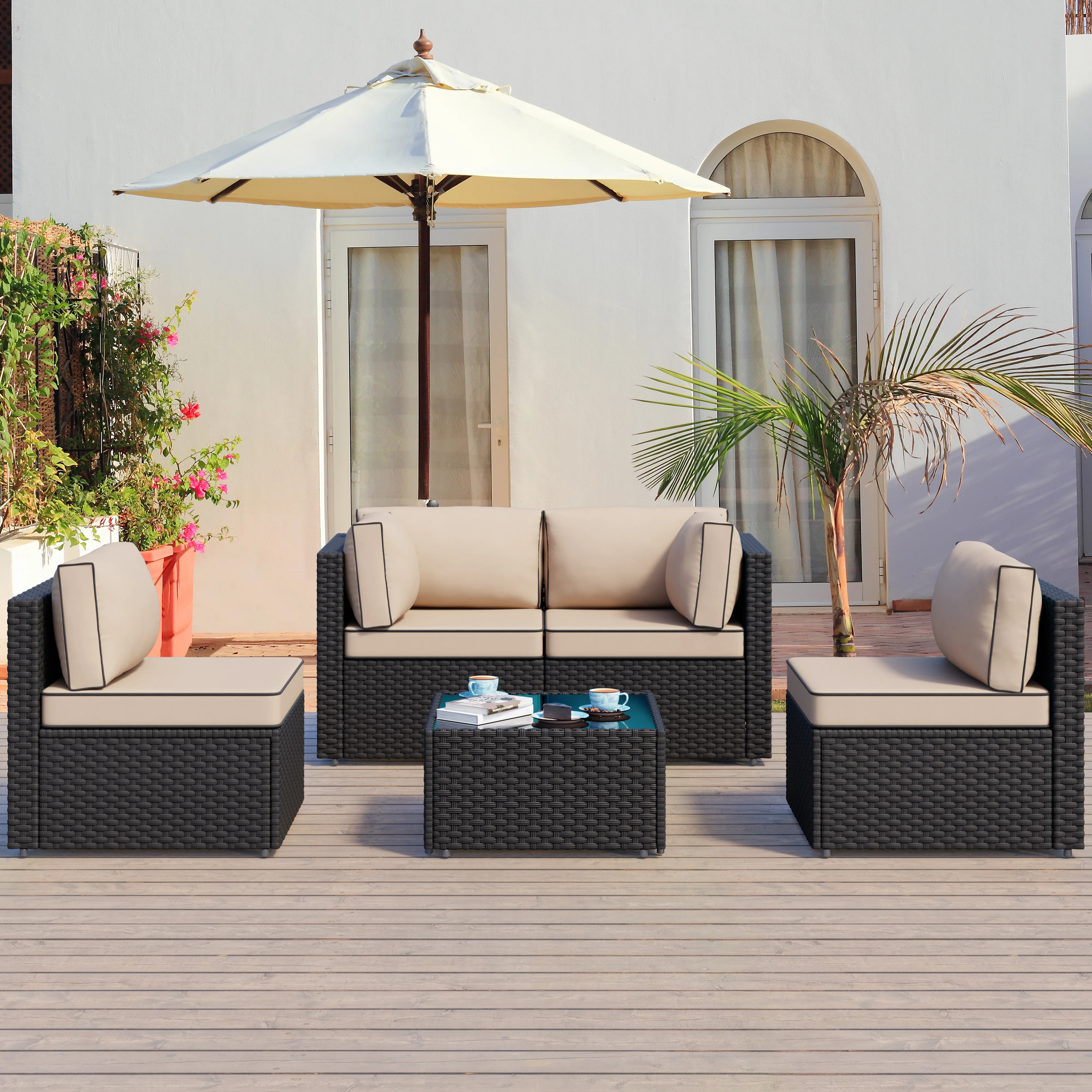 Diamondville 5-Piece Outdoor Rattan Patio Set with Cushions | Wayfair North America