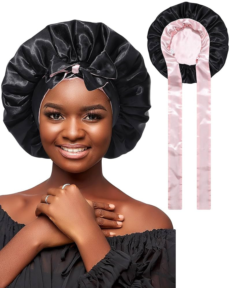 Satin Bonnet Silk Wrap for Sleeping - Reversible Night Cap with Tie Band for Curly Hair (Black + ... | Amazon (US)