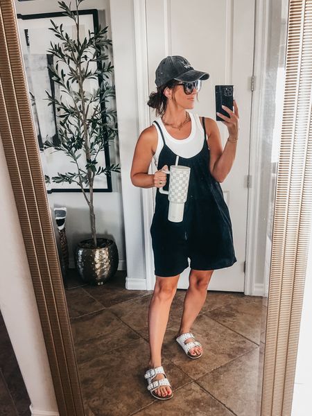 White ribbed tank - size small
Black romper with pockets - size small 
“BOY MAMA” Baseball hat 
Sandals 
Checkered tumbler 

Amazon fashion, target style, summer outfit idea, casual outfit idea, baseball mom outfit 

#LTKfindsunder50 #LTKkids #LTKstyletip