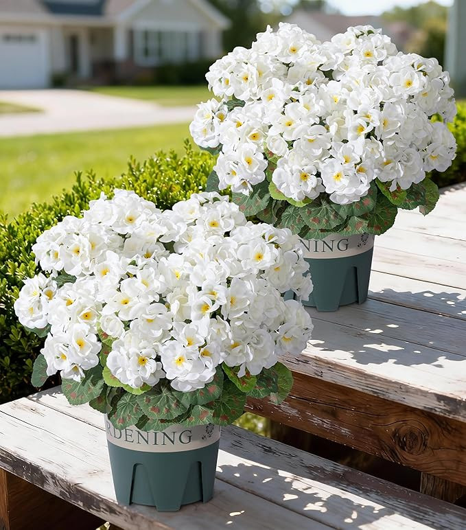 Geraniums Artificial Flowers for Outdoors, 2 Pack Potted Plants White Faux Geraniums Bush Artific... | Amazon (US)