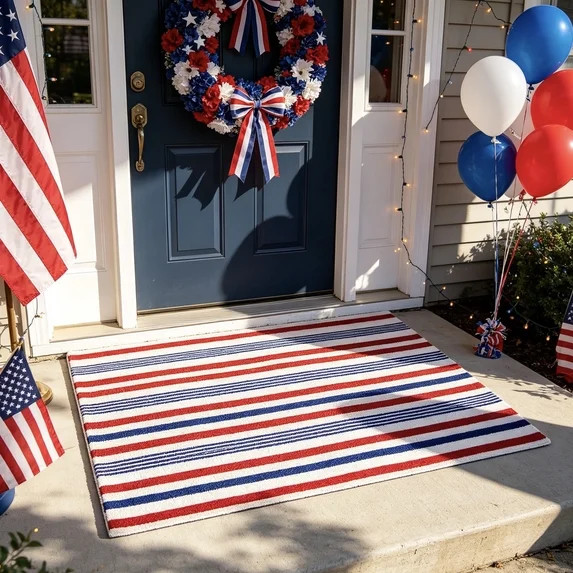 Red Blue White Memorial Day Striped Rug 32'' x 20'' 250 Anniversary Mat Patriotic Outdoor Front P... | Walmart (US)