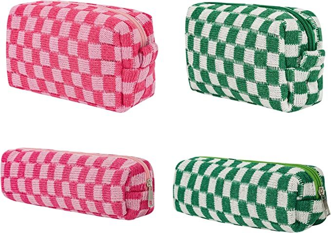 4 Pieces Makeup Bag Cosmetic Bag Green Red Pink Checkered Travel Toiletry Bag with Zipper Portabl... | Amazon (US)