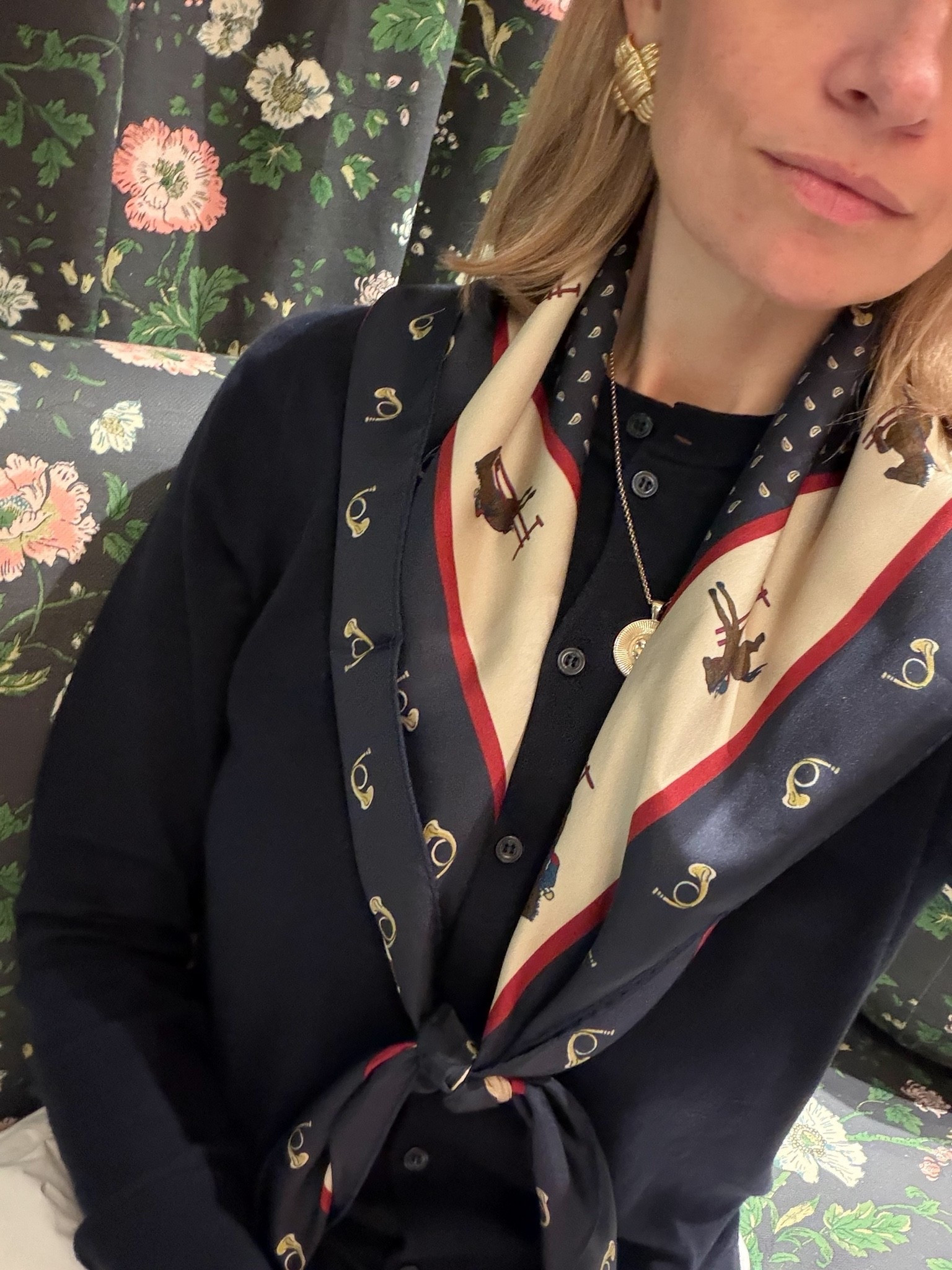 Today’s outfit: equestrian silk scarf. Gold lattice earrings

#LTKgrwm #LTKootd #LTKOver40