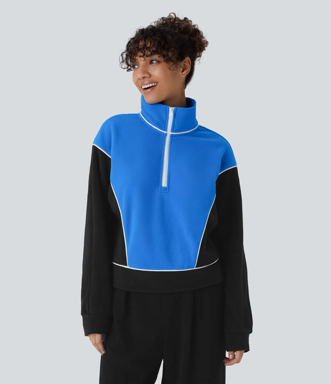 Stand Collar Half Zip Long Sleeve Color Block Fleece Casual Sweatshirt | HALARA