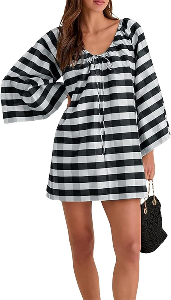 Women's Boho Dress Gingham Bell Sleeve Tie Neck Shift Dress Beach Cover Up Mini Dress | Amazon (US)