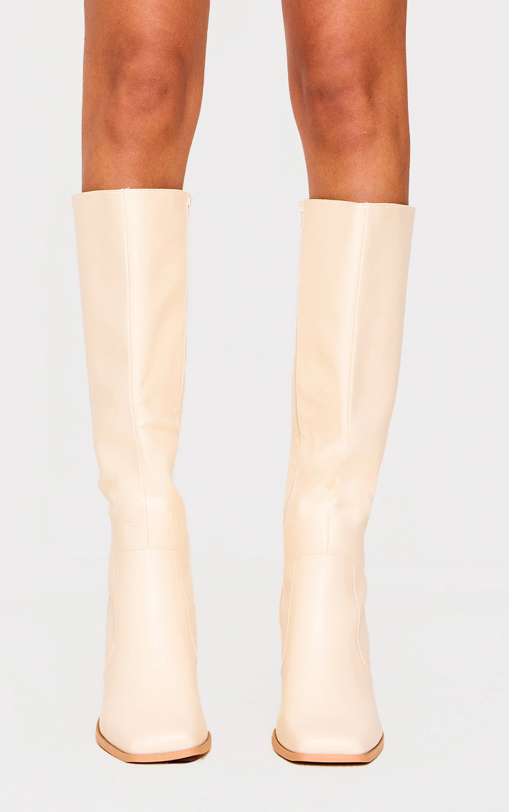 Cream Pu Wide Fit Round Toe Knee High Heeled Boots | Footwear | PrettyLittleThing UK