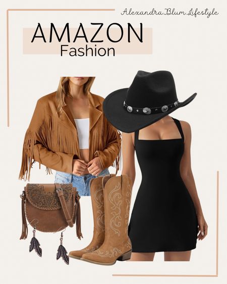 Country concert outfit idea! Western style outfit! Black mini dress, brown cowgirl boots, brown fringe jacket, brown leather western style crossbody purse, black cowgirl hat! Amazon fashion. Amazon finds! Amazon trends! Amazon style! 

#LTKStyleTip #LTKFestival #LTKSeasonal