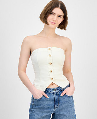And Now This Women's Button-Front Smocked-Back Denim Tube Top, Exclusively at Macy's  - Macy's | Macy's