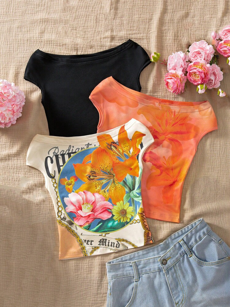 Sparklyn Set de 3 camisetas de hombros descubiertos multicolor ajustadas para ni\u00f1as preadole... | SHEIN