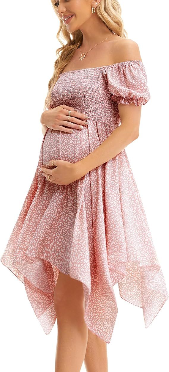 Maternity Summer Short Puff Sleeve Floral Maternity Dress, Square Neck Flowy Irregular Hem Baby S... | Amazon (US)