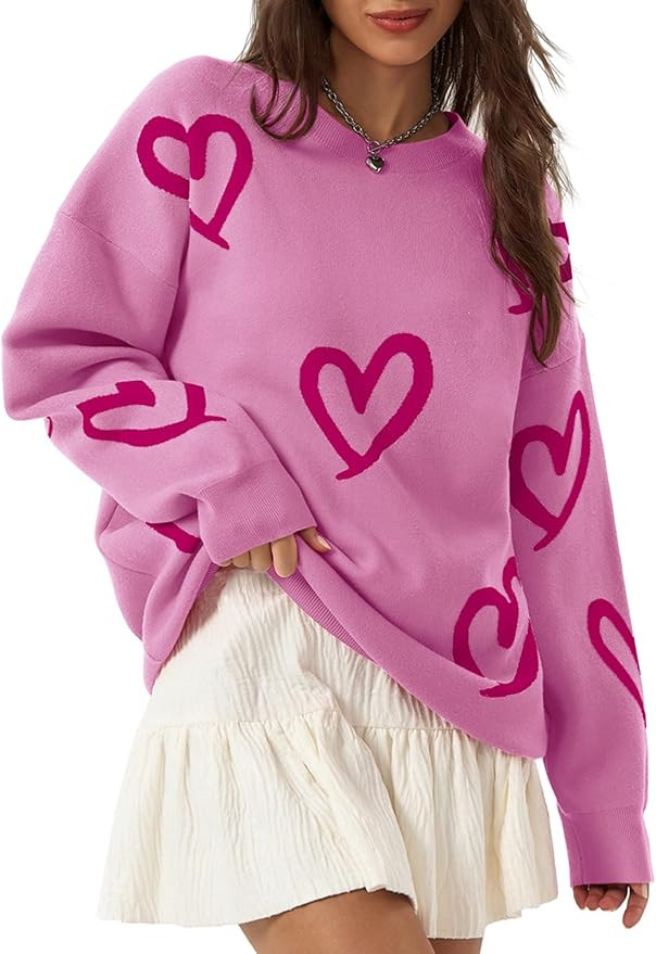Saodimallsu Womens Oversized Heart Sweater Crew Neck Long Sleeve Knit Cute Valentines Pullover Sw... | Amazon (US)