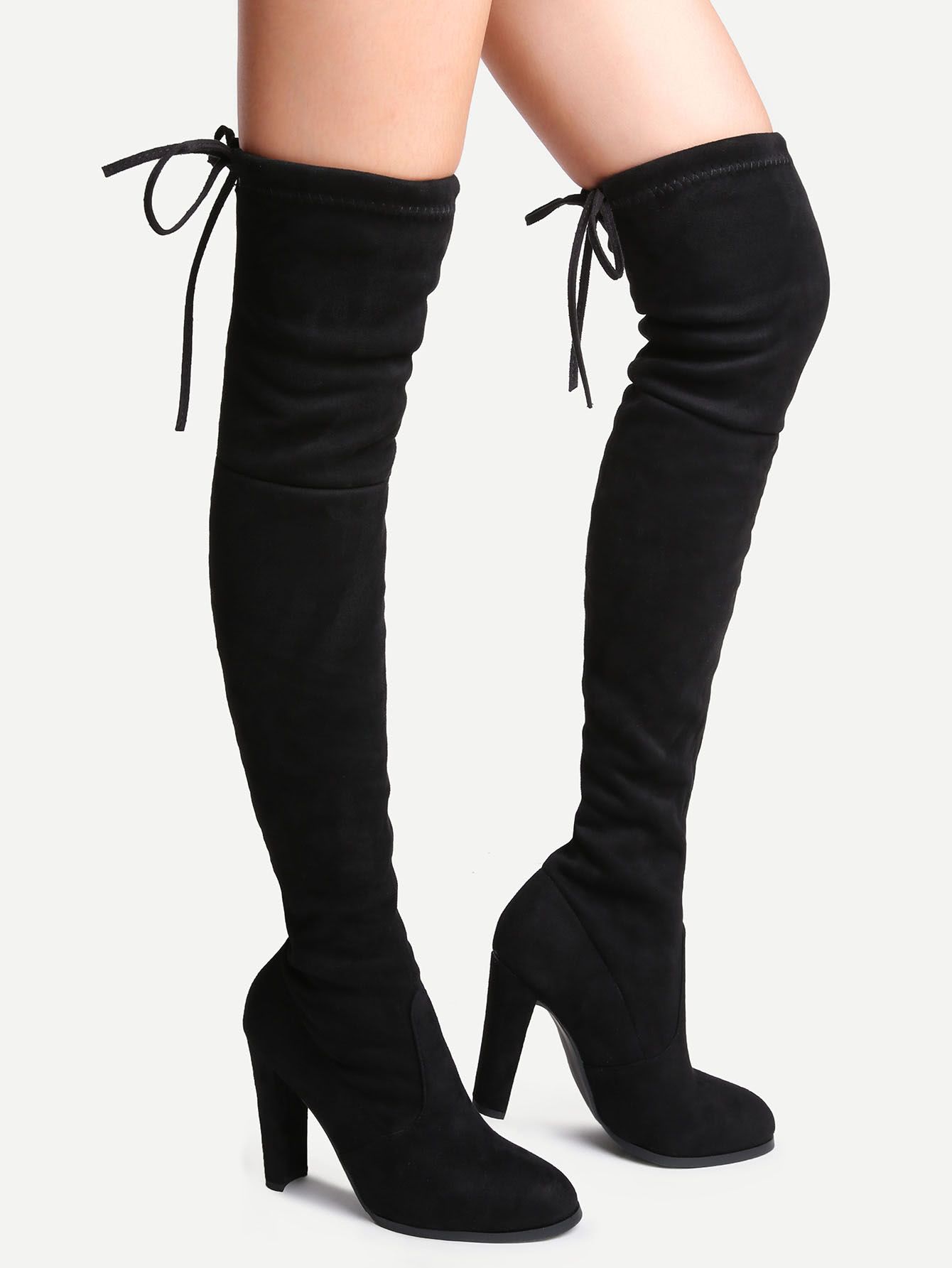 Black Suede Point Toe Lace Up Over The Knee Boots | SHEIN