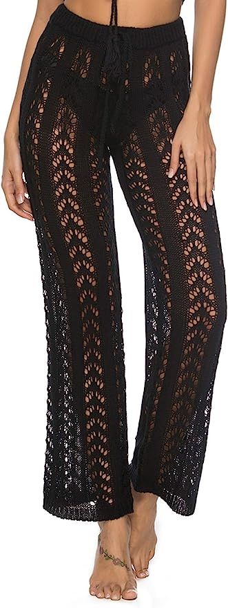 Ayliss Women Crochet Lace Swim Pants Knitted Hollow Out Cover Up Pants High Waist Fishnet Swimsui... | Amazon (US)