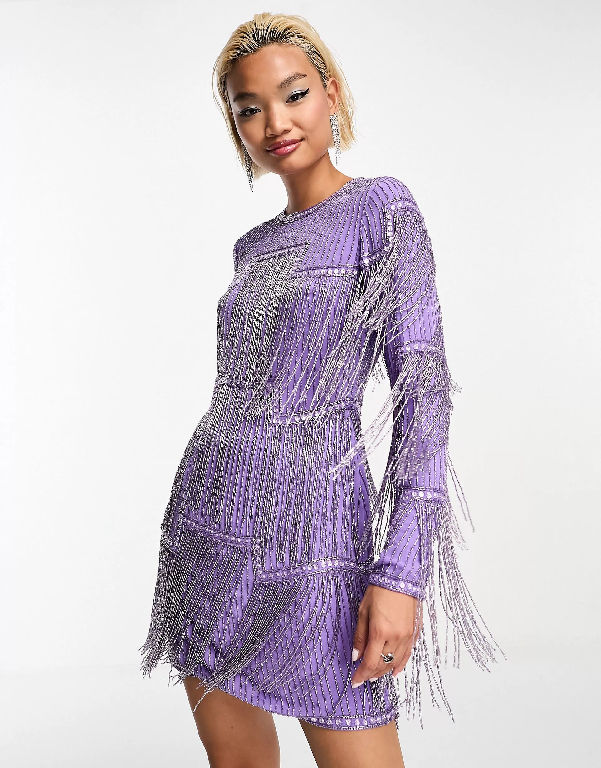 ASOS DESIGN embellished shift mini dress with beaded fringe in purple | ASOS (Global)