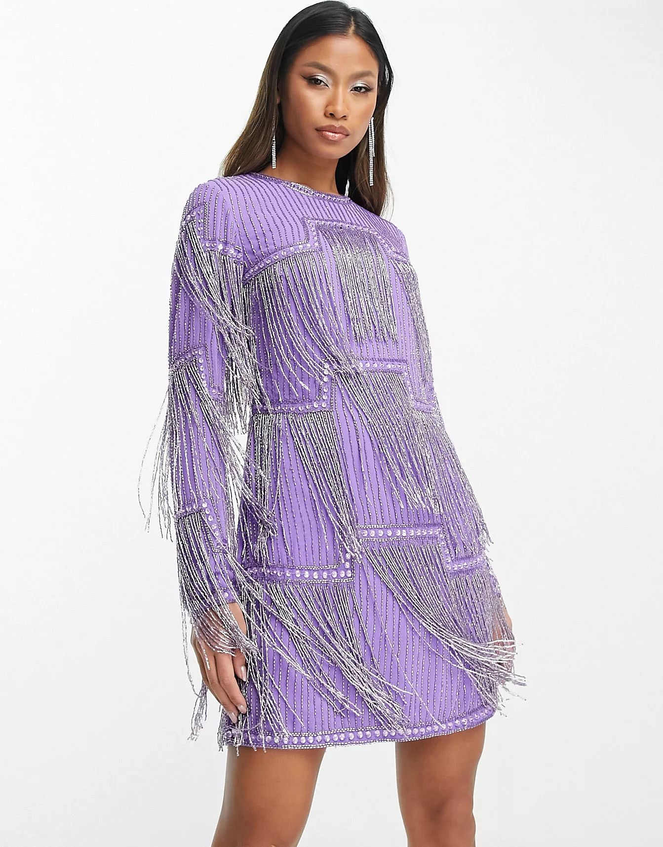 ASOS DESIGN embellished shift mini dress with beaded fringe in purple | ASOS (Global)