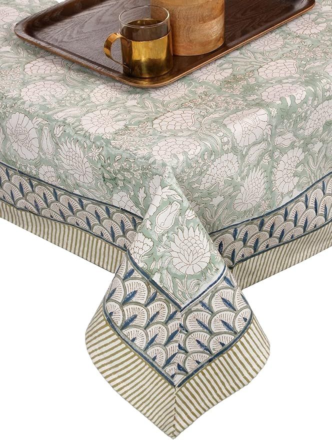 ATOSII Jade 100% Cotton Canvas Boho Rectangle Tablecloth, Handblock Print Floral Table Cloth I Di... | Amazon (US)