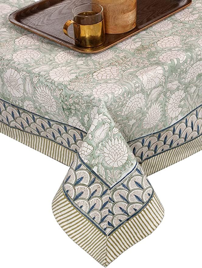 ATOSII Jade 100% Cotton Canvas Boho Rectangle Tablecloth, Handblock Print Floral Table Cloth I Di... | Amazon (US)