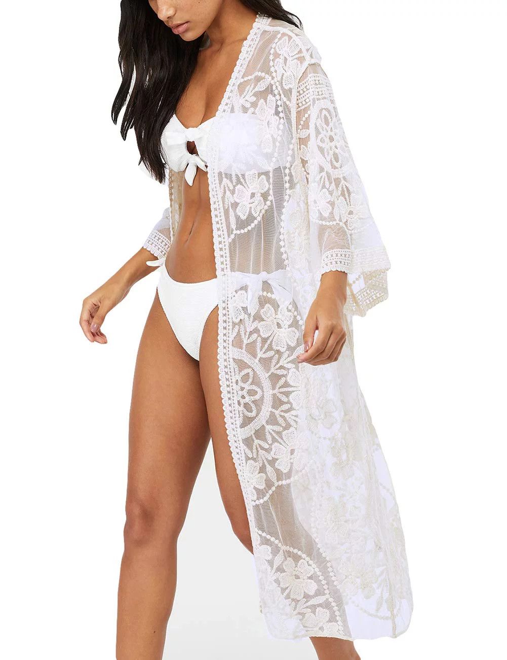 Bsubseach Women White Sexy Lace Long Sleeve Swimsuit Embroidery Beach Kimono Cover Up, Beach Outfits | Walmart (US)
