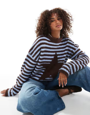 Daisy Street roll hem stripe and star graphic sweater in blue and brown | ASOS (Global)