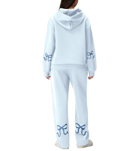 Aonoapll Bow Hoodie Sweatsuit Set for Women Oversized Hooded Sweatshirt Sweatpants Bow Print Matching 2 Piece Sweat Sets(Blue,Small) | Amazon (US)
