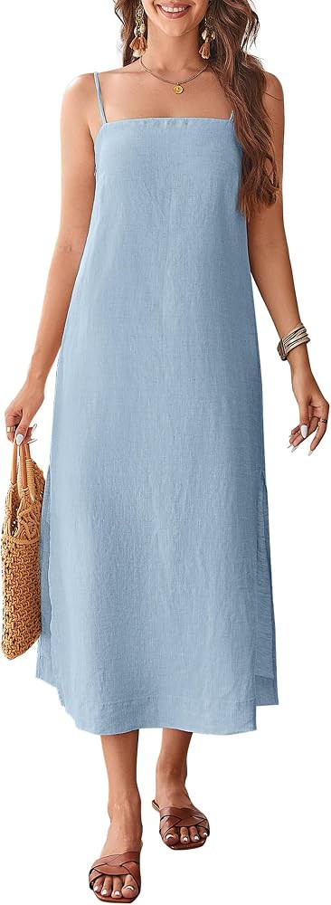 100% Linen Dresses Square Neck Sleeveless Spaghetti Strap Summer Casual Midi Dress with Slit | Amazon (US)