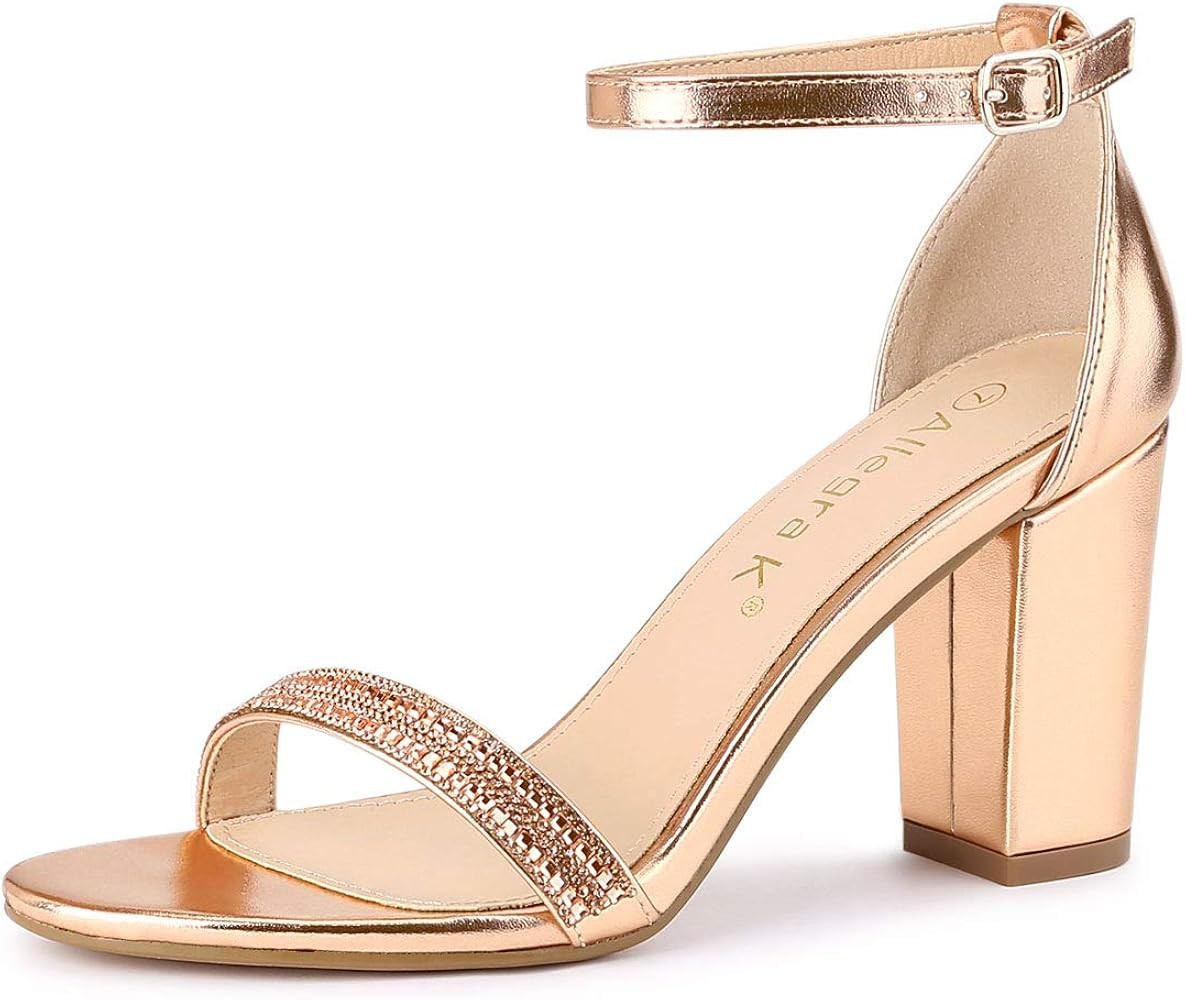 Allegra K Women's Rhinestone Ankle Strap Chunky Heels Sandals | Amazon (US)