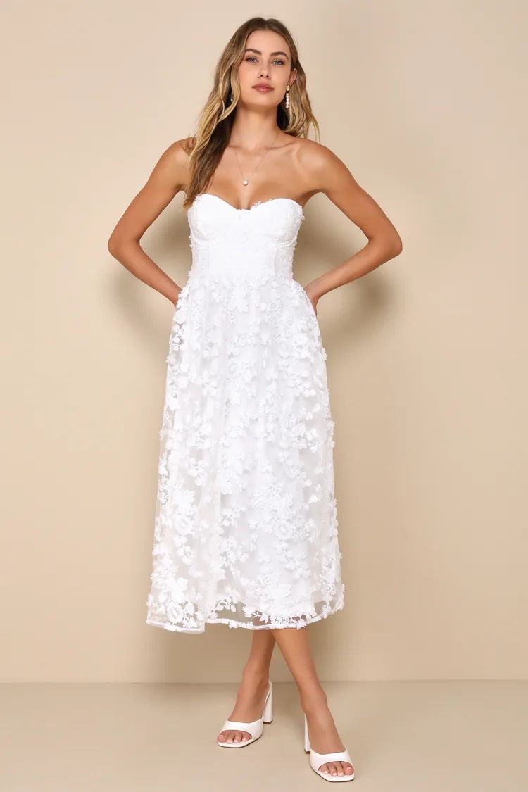 Quite Perfect White Floral Embroidered Strapless Midi Dress | Lulus